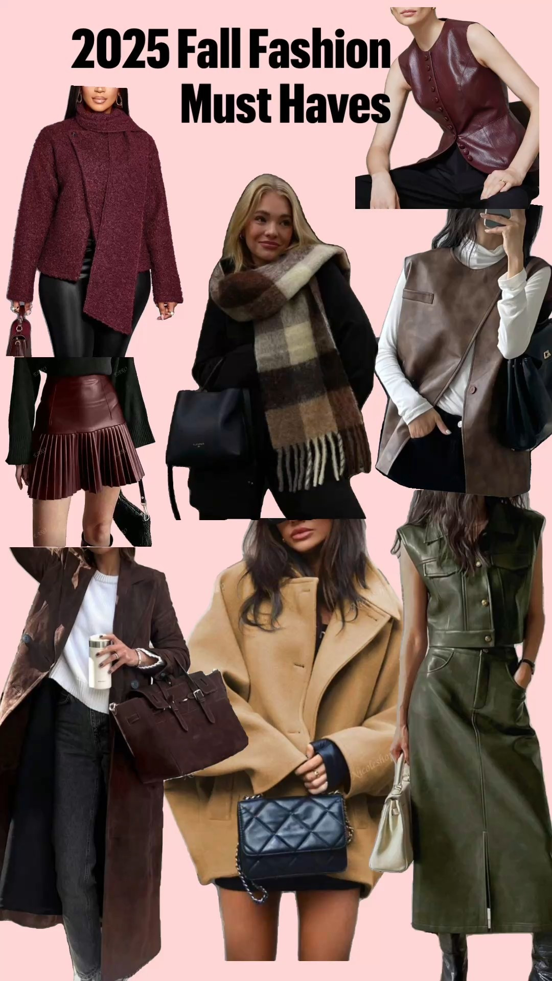 2025 Fall Fashion Must-Haves 🍂✨
This season is all about rich textures, warm tones, and timeless layers.
From deep burgundy leather to cozy camel coats and olive green sets — these pieces are the definition of chic meets cozy. 💋

👜 Style tip: Mix classic neutrals with statement textures like leather and wool for that effortless luxury look.


#LTKSeasonal #LTKFindsUnder50 #LTKStyleTip
