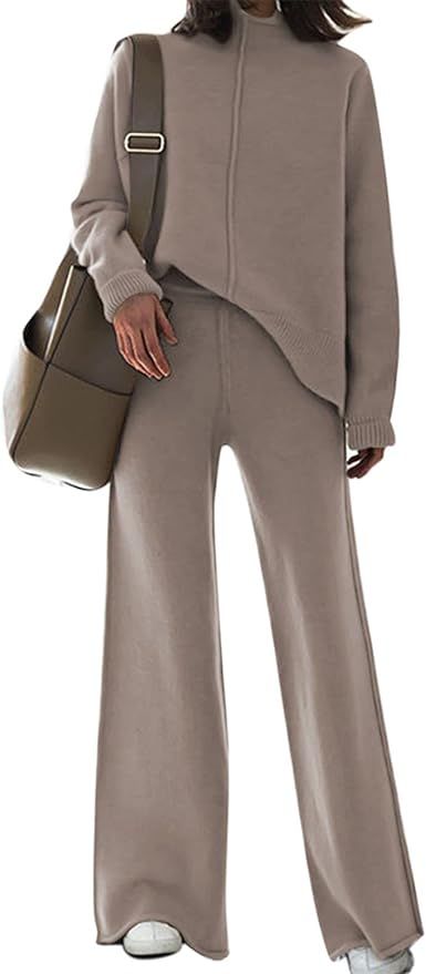 Fixmatti Women Rib-Knit Pullover Sweater Top Wide Leg Long Pants Set 2 Piece Outfits Tracksuit Kh... | Amazon (US)