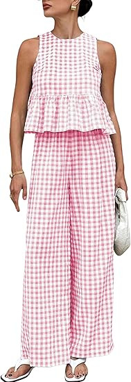 Womens 2 Piece Outfits Sets Gingham Plaid Sleeveless Ruffle Tank Tops and Wide Leg Pants Summer M... | Amazon (US)