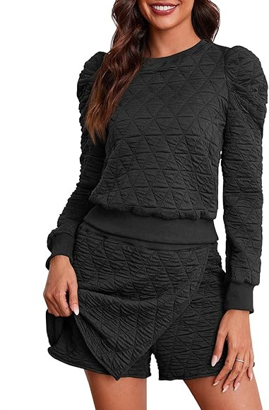 Fisoew Women's 2 Piece Lounge Wear Set Long Sleeve Argyle Sweatshirts and Wrap Skorts Casual Sets | Amazon (US)