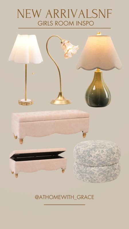 Girls room inspo! Love these cute lamps and all would be so good in a girls room!! That bench is precious and so great for end of the bed storage😍 The toile ottoman - so cute! 

#LTKKids #LTKFamily #LTKHome