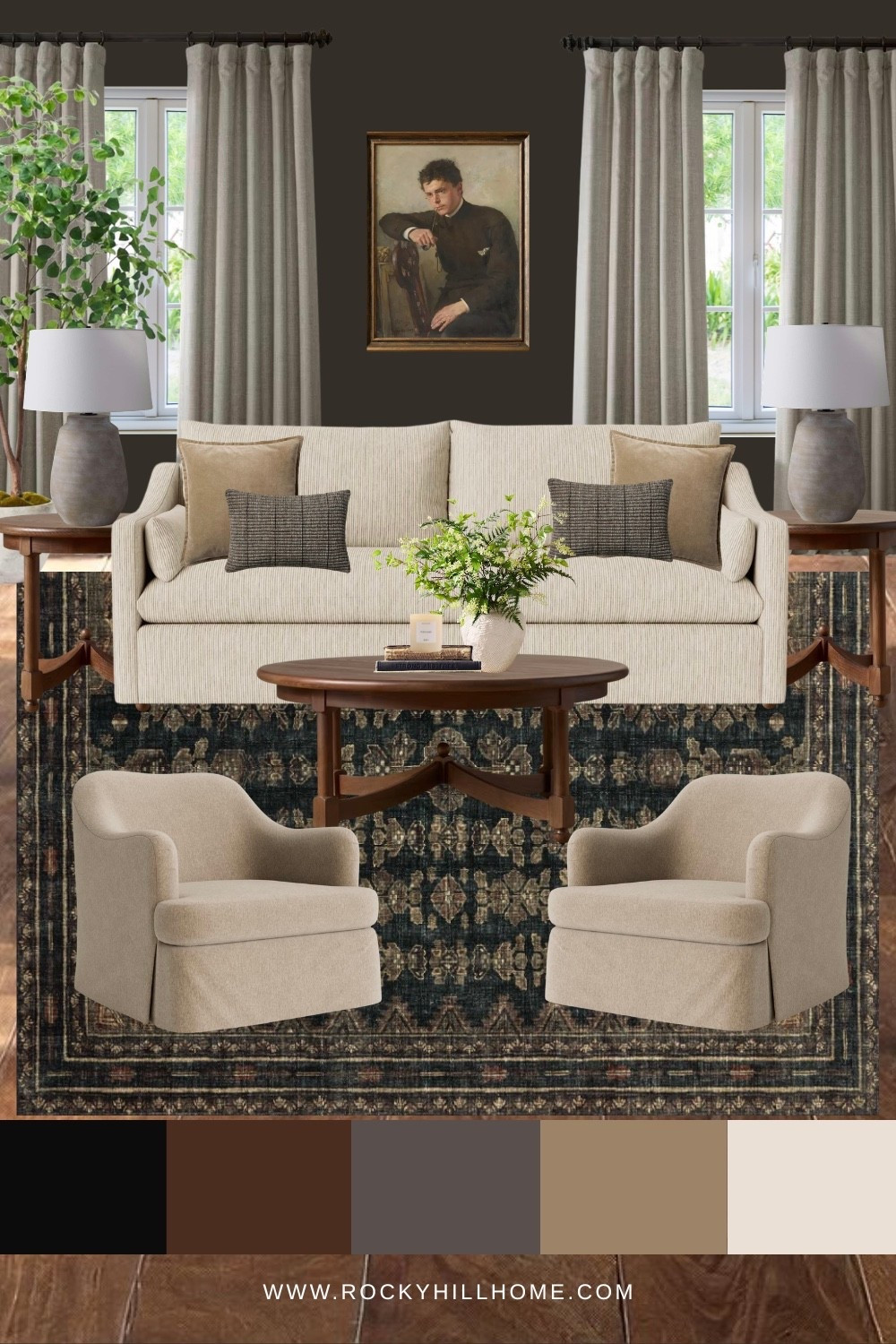 Get the Look: Moody Neutral Living Room featuring a light neutral sofa, curved accent chairs, moody rug, dark wood round coffee table, round side tables, terracotta table lamp, and moody portrait 

#LTKSaleAlert #LTKHome