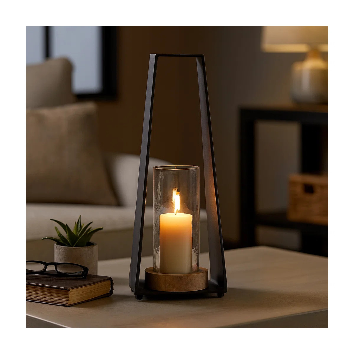 Joss & Main Decorative Metal Pillar Hurricane Candle Holder with Sandstone Base - Modern Tabletop... | Wayfair North America