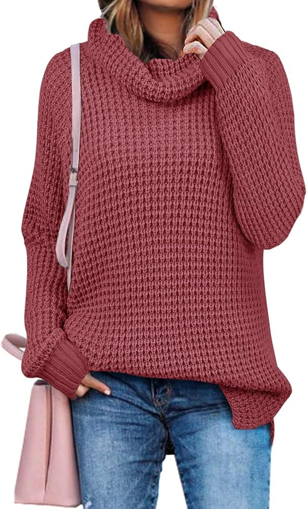 ZESICA Womens Turtleneck Long Sleeve Waffle Knit Casual Loose Pullover Sweater Jumper Tops | Amazon (US)