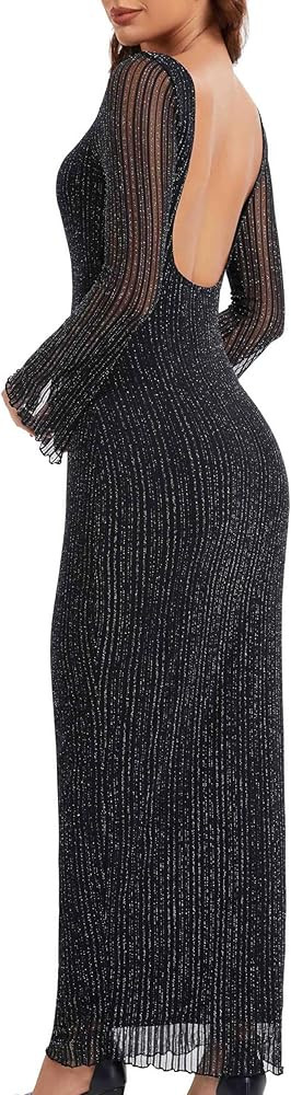 Women's Sequin Mesh Long Sleeve Sexy Backless Bodycon Cocktail Maxi Dress | Amazon (US)