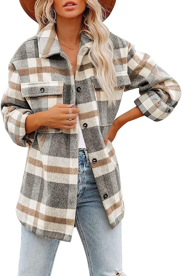 Yanekop Womens Casual Plaid Shacket Lapel Button Down Long Sleeve Wool Blend Pocketed Shirt Jacke... | Amazon (US)