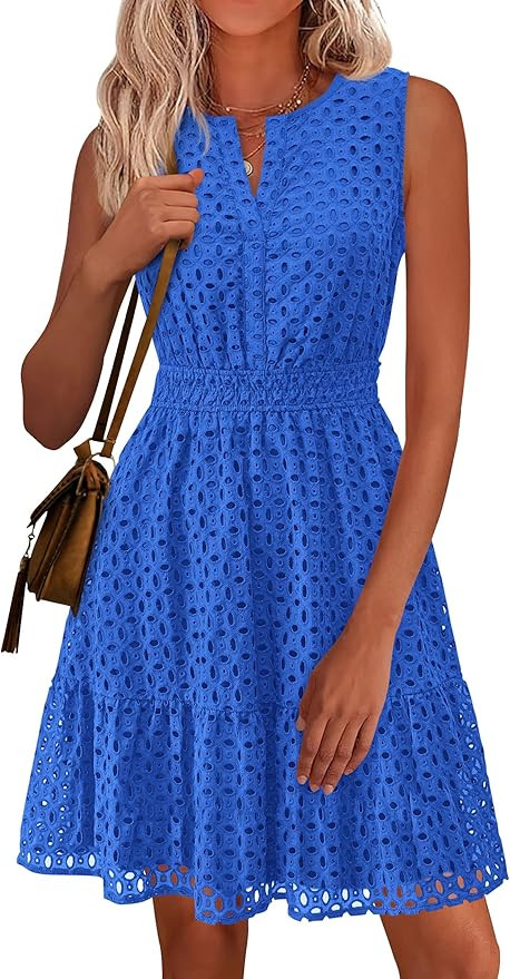 PRETTYGARDEN Women's Summer Dresses 2026 Sleeveless V Neck Eyelet Hollow Out Swing A Line Beach V... | Amazon (US)