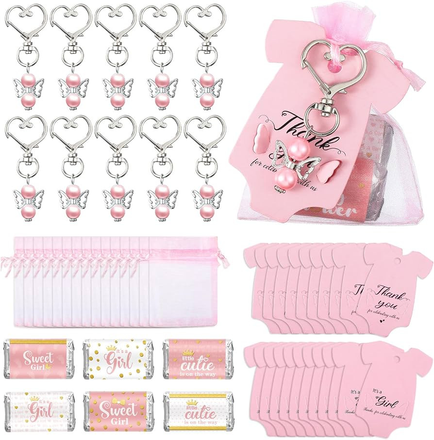 Teling 50 Sets Baby Shower Party Favors Include Baby Shower Angel Keychains Baby Girl Label Stick... | Amazon (US)