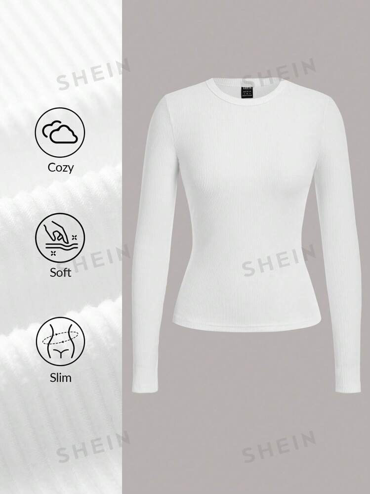 TrendsSHEIN BASICS Women Casual Solid Color Knitted Crew Neck Long Sleeve Regular Fit T-Shirt | SHEIN