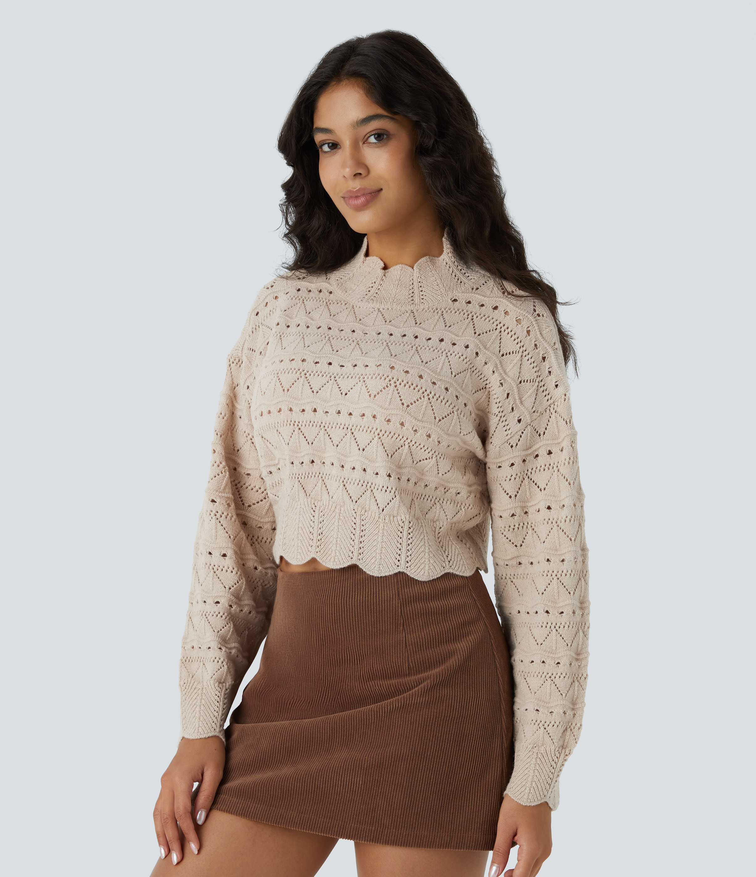 Halara Mock Neck Bishop Sleeve Scallop Hem Open Knit Casual Sweater - Pumice Stone - XS | HALARA