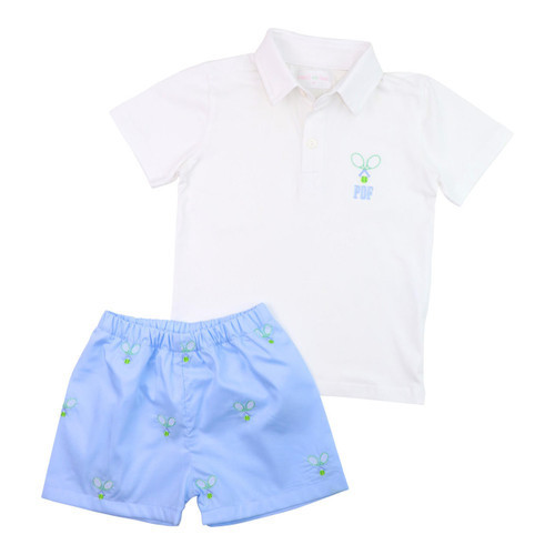 Blue Embroidered Tennis Polo Short Set | Cecil and Lou