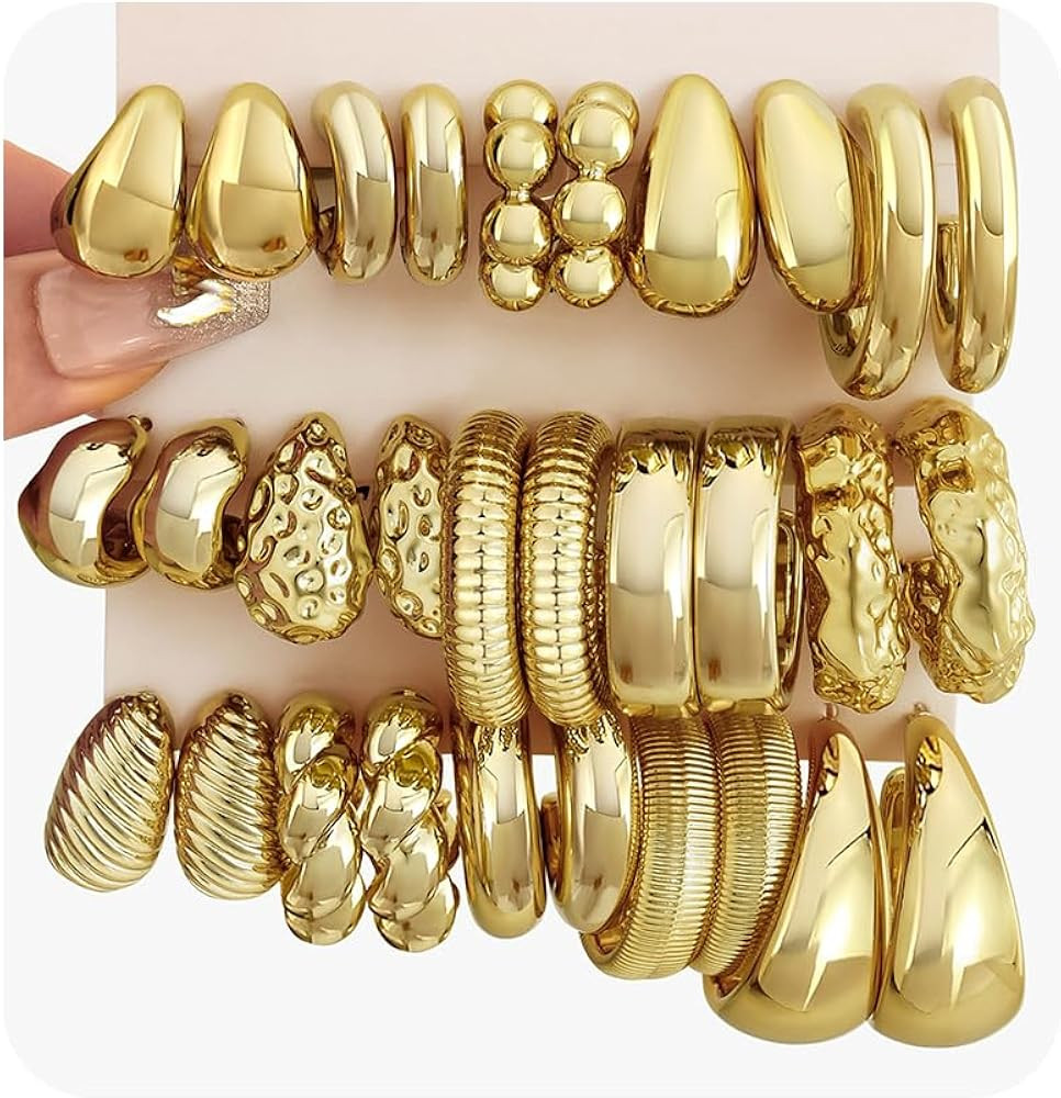 46 Pairs Gold Hoop Earrings Set for Women, Fashion Hypoallergenic Chunky Twisted Pearl Stud Earri... | Amazon (US)
