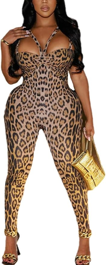 VOIKERDR Womens Jumpsuit Sexy Cheetah Print Jumpsuit for Women Halter Romper Sleeveless Club Outf... | Amazon (US)