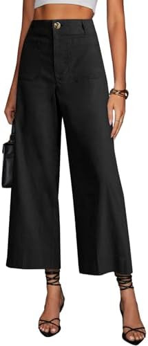 miduo Womens High Waisted Cropped Wide Leg Stretchy Straight Pants Trousers with Pockets | Amazon (US)