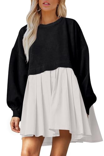 Dokuritu Sweatshirt Mini Dress Women Long Sleeve Crew Neck Pullover Patchwork Tops Flowy Oversized Sweatshirt Dress Black/White | Amazon (US)