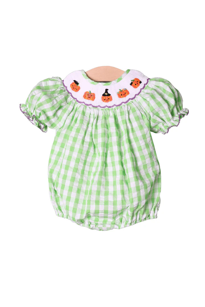 Smocked Playful Pumpkins Green Seersucker Bubble | The Smocked Flamingo