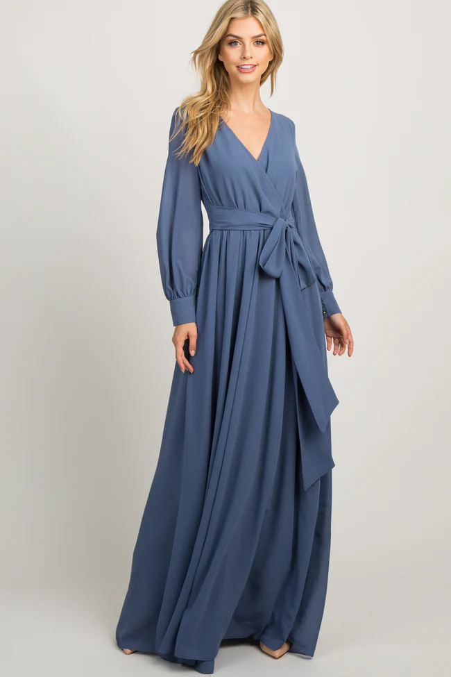 Blue Chiffon Long Sleeve Pleated Maternity Maxi Dress | PinkBlush Maternity