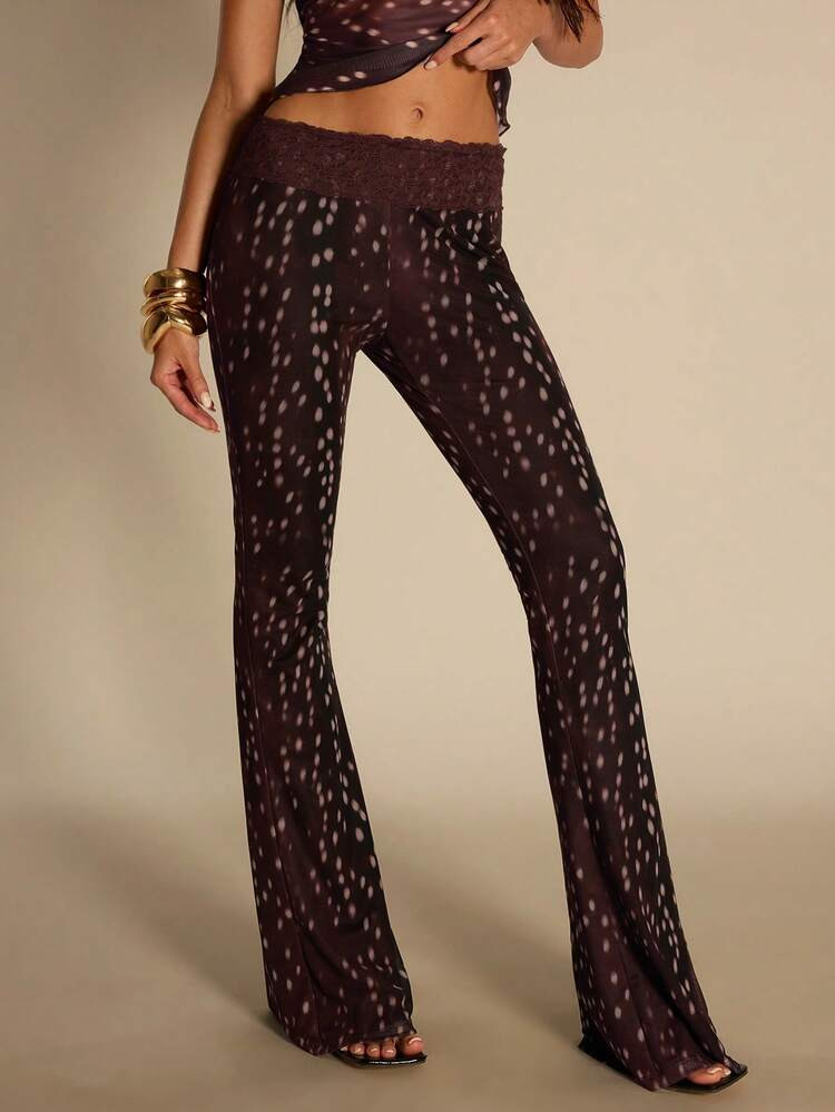 SHEIN BAE Women's Spring/Summer Deer Print Sexy And Elegant Lace Print Flared Pants, Animal Print... | SHEIN