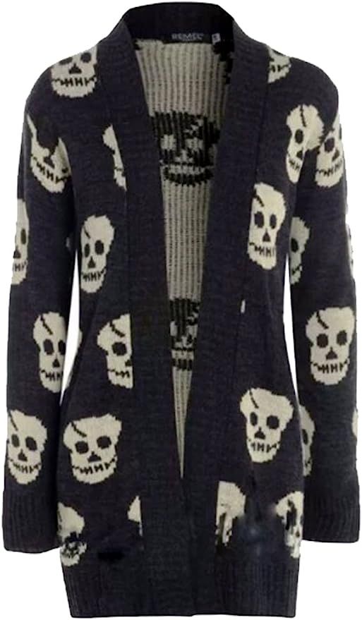 Thever Women Ladies Halloween Skull Skeleton Print Open Front Knitted Cardigan | Amazon (US)