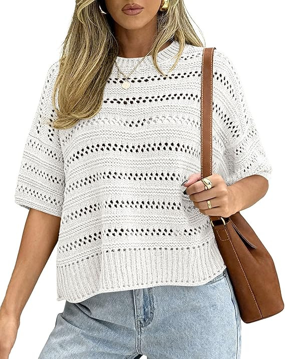 KIRUNDO Short Sleeve Sweater for Women Oversized Summer Crochet Tops Knit Pullover Beach Cover Up... | Amazon (US)