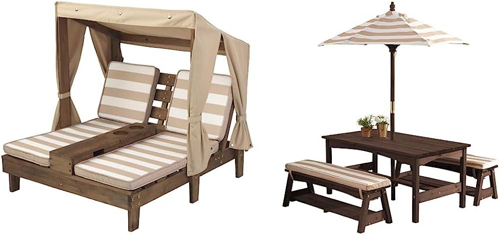 KidKraft Wooden Outdoor Double Chaise Lounge & Outdoor Wooden Table & Bench Set with Cushions and... | Amazon (US)