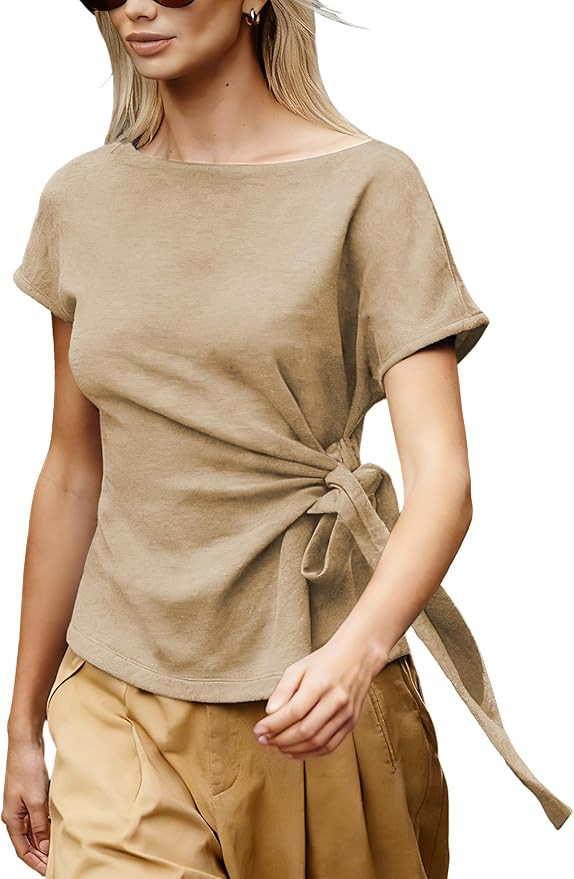 Womens Short Sleeve Knit Top Crewneck Tied Knot Tunic Wrap Tops Knit Pullover | Amazon (US)
