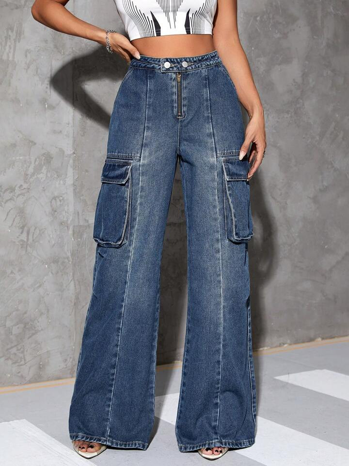 SHEIN ICON Flap Pocket Wide Leg Jeans | SHEIN