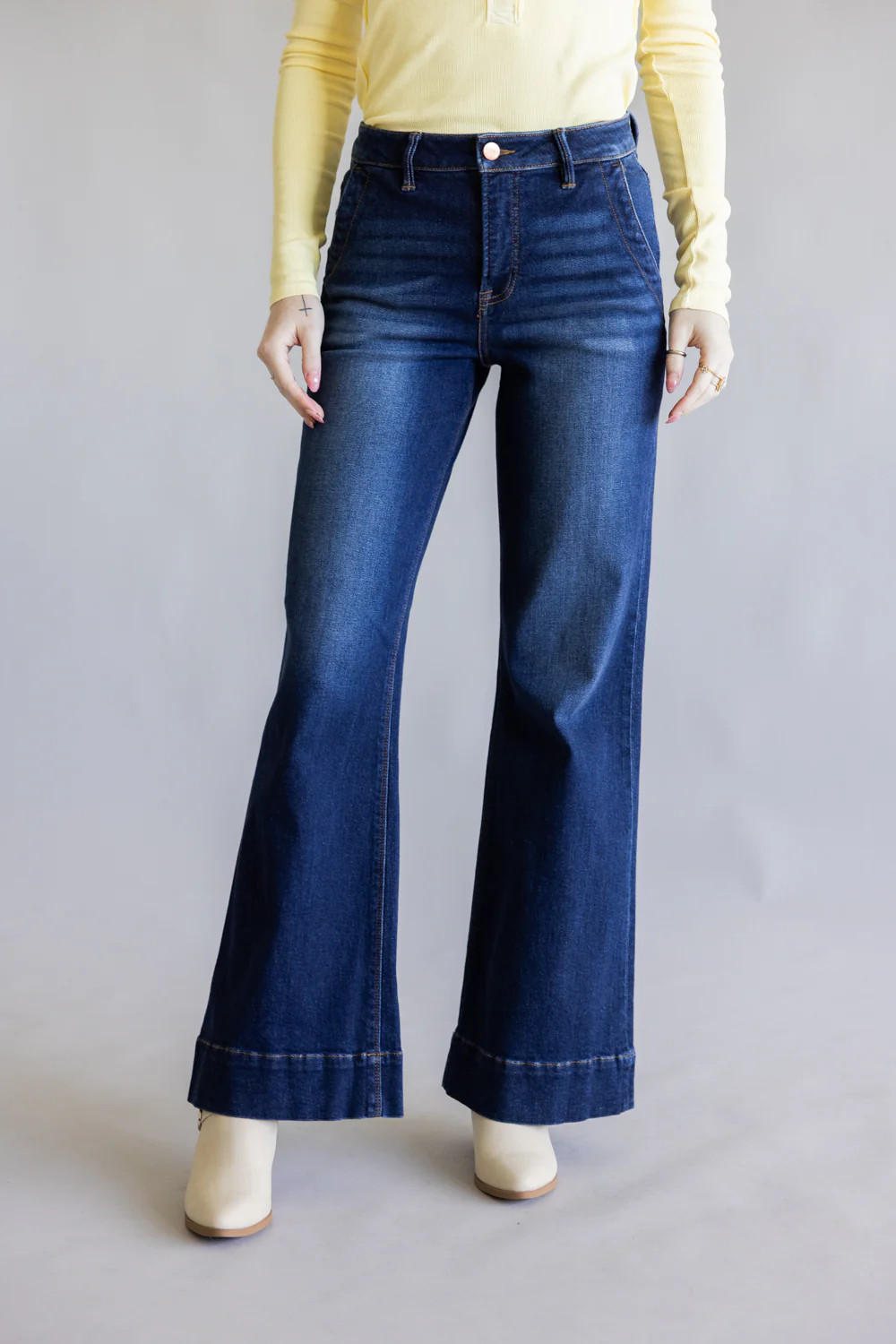 Risen High Rise Tummy Control Wide Leg Jeans for Women | PW21525-DK | Glik's