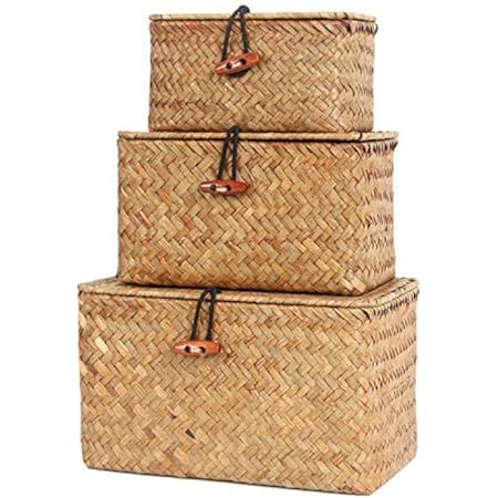 Esoes Wicker Storage Basket Woven Rattan Storage Box With Lids Seagrass Laundry Baskets Makeup Organ | Amazon (UK)