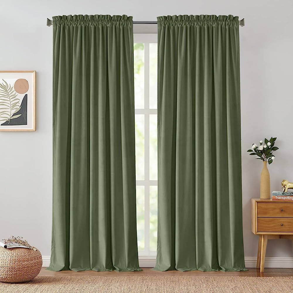 jinchan Velvet Curtain Sage Living Room Rod Pocket Window Curtain Panel 96 inch Long Bedroom Ther... | Amazon (US)