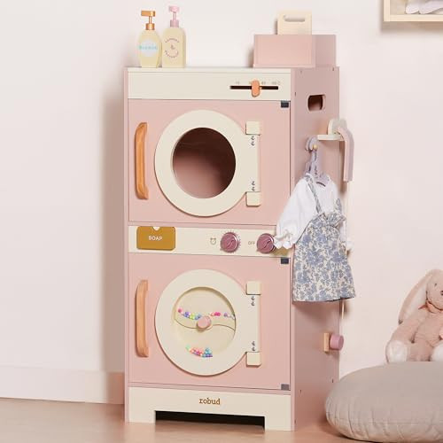 ROBUD Wooden Laundry Playset, Play Kitchen Set, Toy Washing Machine, Kids Washer and Dryer Set, Pretend Toddlers Kitchen Toy with Iron, Hangers, Soap, Gift for Boys & Girls, Age 3+ (Pink) | Amazon (US)