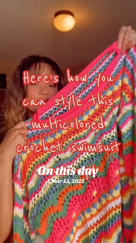 On this day, I can’t believe it’s been a year since I created outfits with this vibrant crochet knit top. It’s still in stock with multiple color choices, so I think it deserves a repost and a re-link.