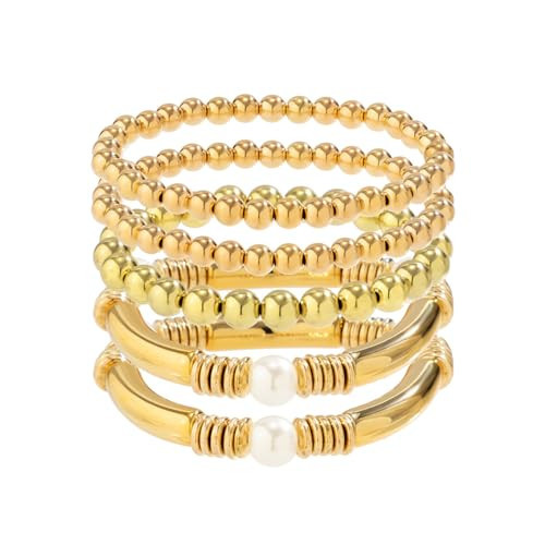 YueYueLoove Gold Beaded Bracelets for Women Baroque Pearl Stackable 14K Gold Plated Stretch Bead Ball Bracelet Set Gold Jewelry for Women Gifts (Gold 5PcsA) | Amazon (US)