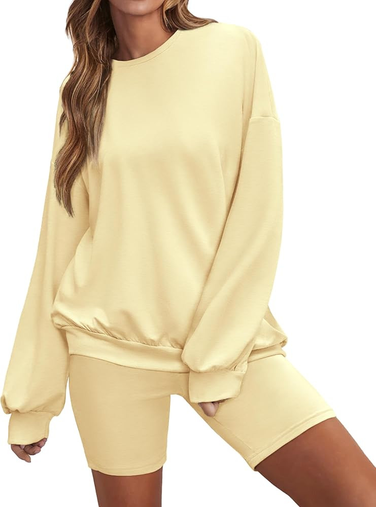 Ekouaer Lounge Set Women's 2 Pieces Outfits Oversized Long Sleeve Loungewear Biker Shorts Sweatsu... | Amazon (US)