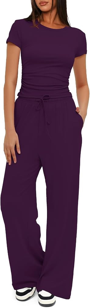 Darong Women's 2 Piece Outfits Lounge Sets Ruched Short Sleeve Tops High Waisted Wide Leg Pants T... | Amazon (US)