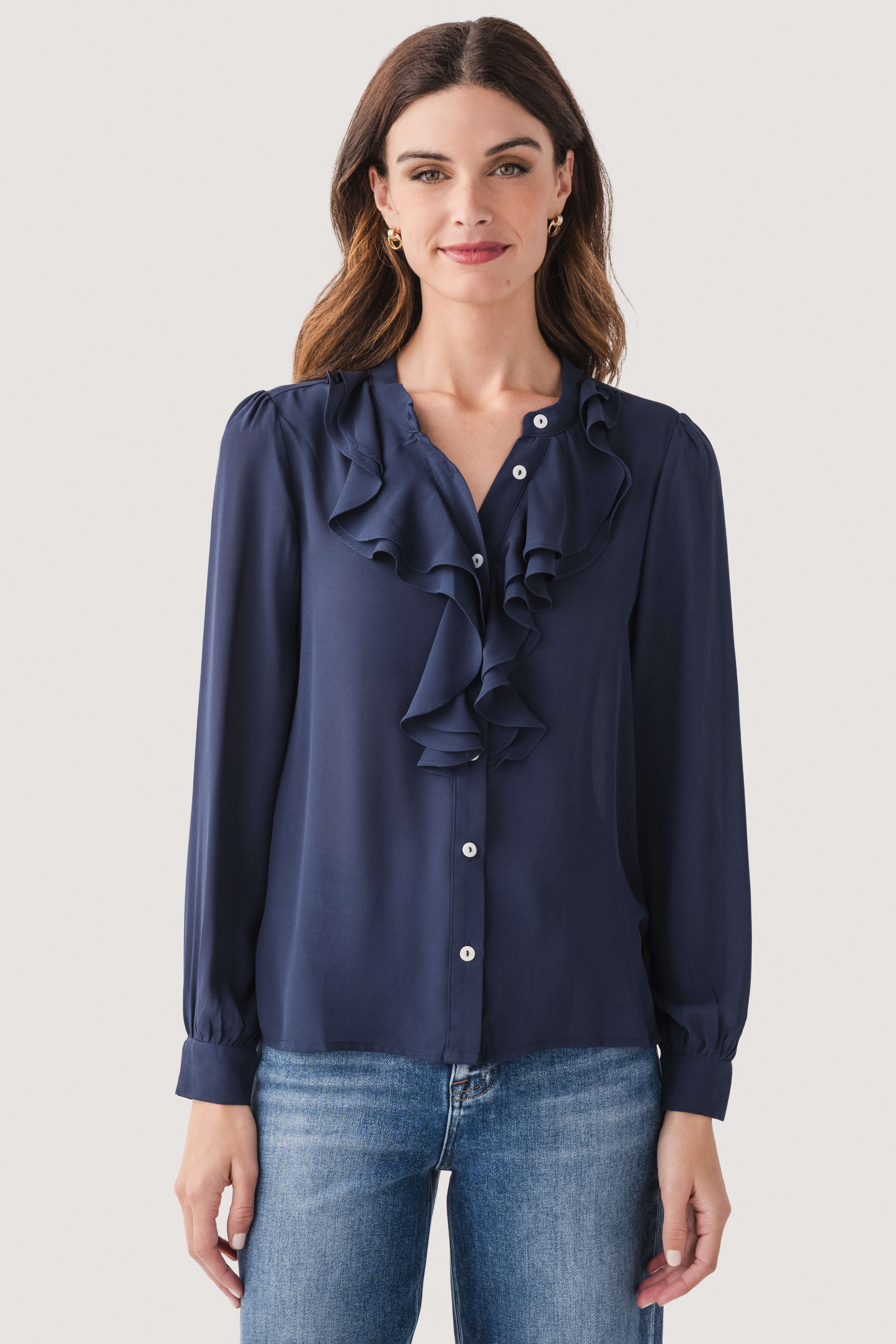 Molly Bracken Ruffle Neck Button Up Top | Social Threads