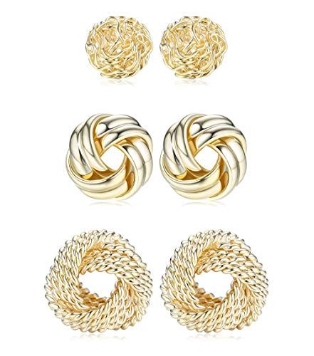 FIBO STEEL 3 Pairs Gold Knot Earrings For Women Men 14K Gold Plated Woven Ball Stud Earrings Simp... | Amazon (US)