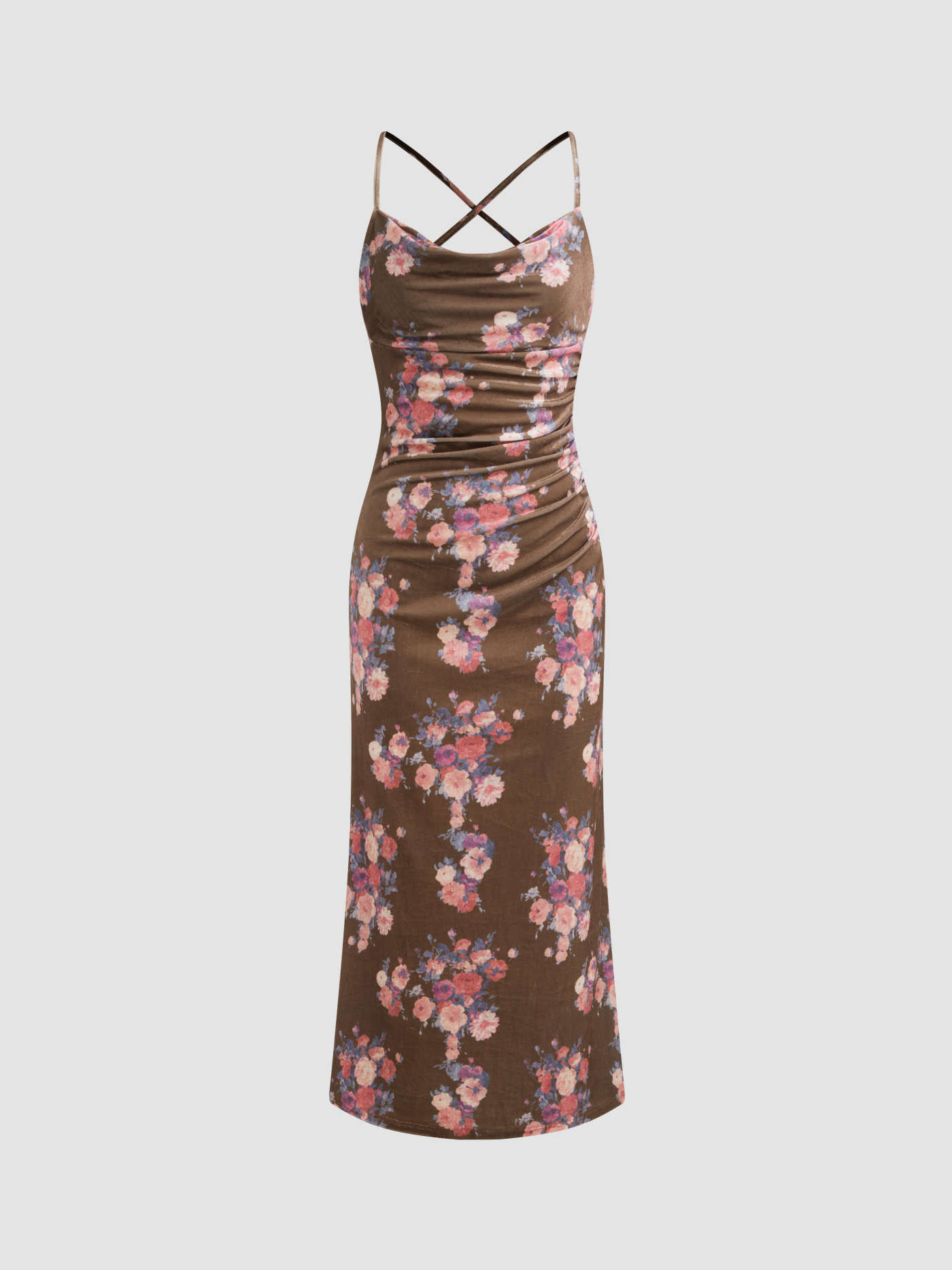 Velvet Cowl Neck Floral Ruched Maxi Dress With Scarf... | Cider