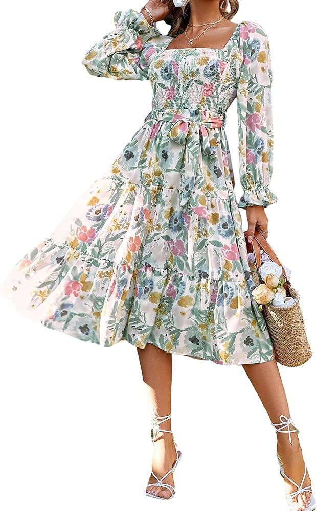 Women's 2023 Dresses Autumn Long Sleeve Floral Dress Casual Big Swing Flowy Beach Midi Dress Autu... | Amazon (US)