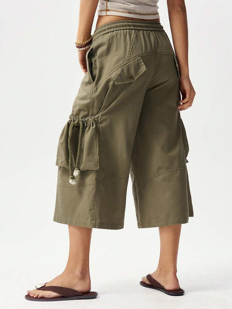 Bohemela Boho Spring/Summer Women's Pants, Green Woven Casual Pants With Relaxed Lazy-Style Cargo... | SHEIN