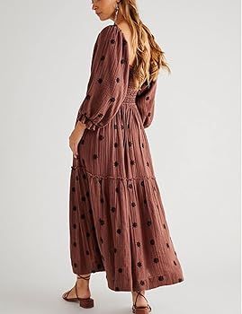 Women Floral Embroidered Maxi Dress Long Puff Sleeve Square Neck Bohemian Flowy Dress with Pocket... | Amazon (US)