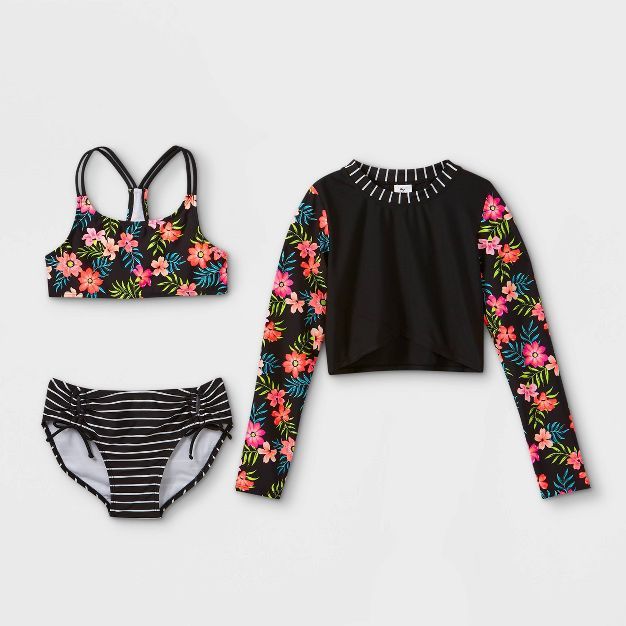 Girls' Floral and Striped 3pc Bikini Set with Rash Guard - art class™ Black | Target