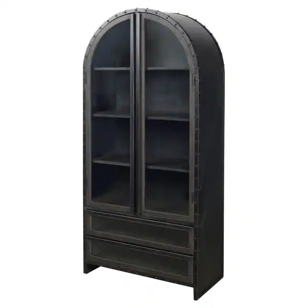 Gehry II Dark Brown Solid Wood w/ Black Iron Frame & Glass Doors / Drawers Display Cabinet | Bed Bath & Beyond