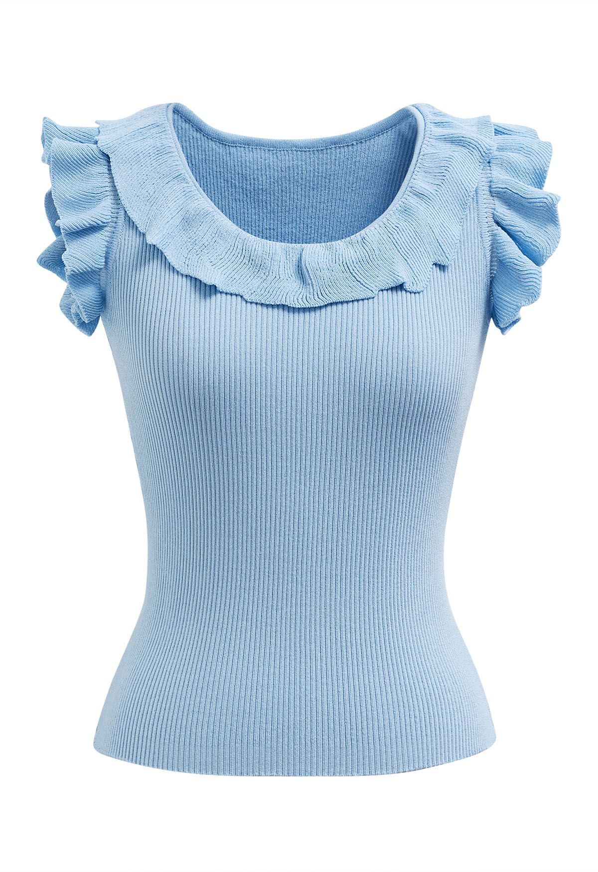 Ethereal Ruffle Sleeveless Knit Top in Blue | Chicwish