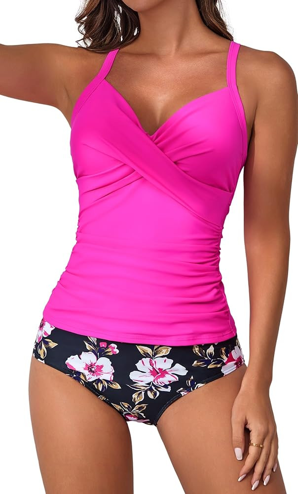 B2prity Women's Ruched Tankini Suimsuits V Neck Wrap Tie Back Two Pieces Bathing Suit Tummy Contr... | Amazon (US)