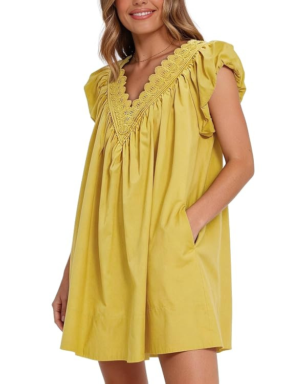 Senllen Cotton Summer Dresses for Women 2026 A Line Puff Short Sleeve V Neck Casual Babydoll Boho... | Amazon (US)