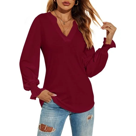 LOMON Women s Casual Puff Long Sleeve Tunic Tops V-Neck Pleated Flare Blouse T-Shirts with Smocked Cuffs | Walmart (US)
