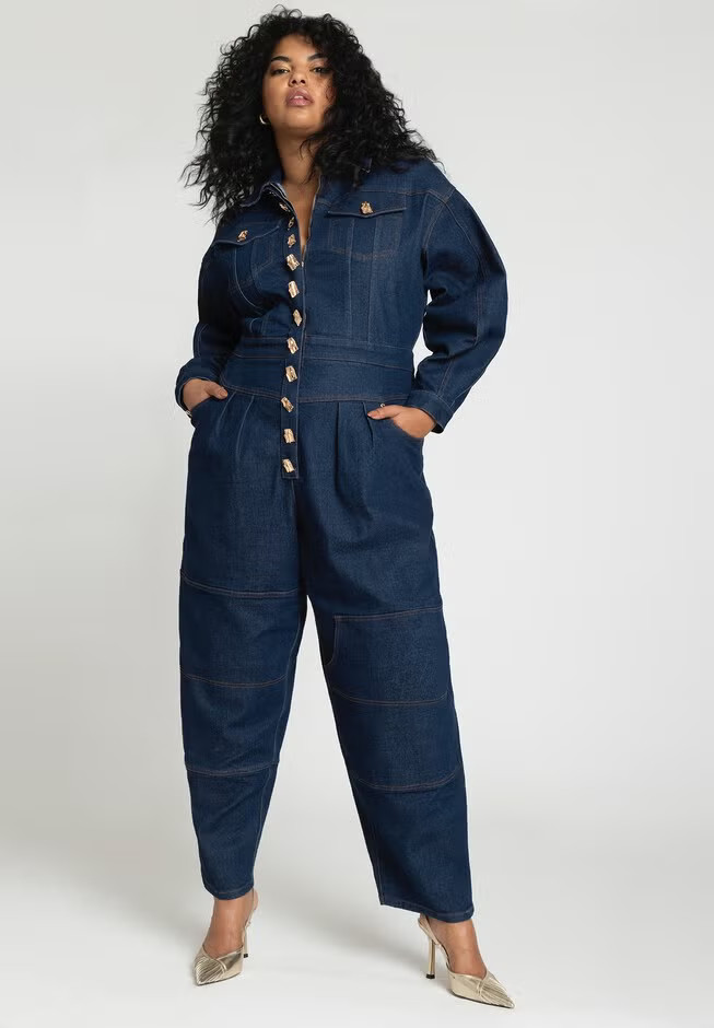 Gold Hardware Denim Jumpsuit | Eloquii