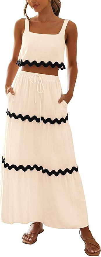PRETTYGARDEN Womens 2 Piece Summer Casual Sleeveless Cropped Tank Top High Waisted Maxi Skirt Set | Amazon (US)