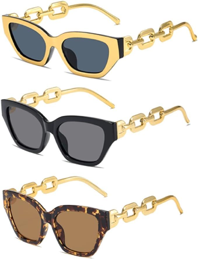 YABINA 3 Pairs Metal Chain Design Cat Eye Sunglasses UV400 Protection | Amazon (US)